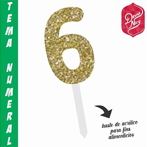 Topo em MDF com Glitter Dourado Número 6