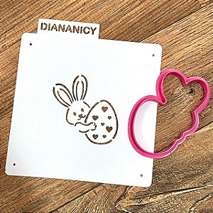Estêncil Diananicy Nº 175 - Stencil e Cortador Coelho segurando Ovo