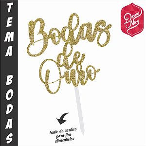 Topo em MDF com Glitter Dourado Tema Bodas de Ouro