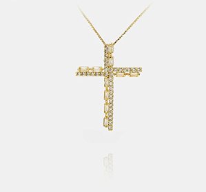 Colar cruz cravejada em zircônias com pedras navetes de zircônia banho ouro 18k