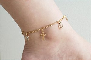 Tornozeleira com crucifixo e pontos de zircônia
