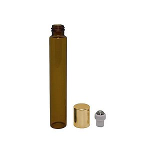 Frasco de Perfume Vazio Roll-on 10 ml âmbar de vidro Tampa Dourada kit com 10 unid