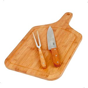 Conjunto Churrasco 3pçs Bamboo Mor Tabua 50x30cm Faca Garfo