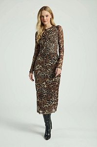 VESTIDO MIDI ESTAMPADO EM TULE - EST ONCA PINTADA