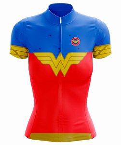 Camisa Ciclismo Scape Mulher Maravilha Curta Feminina Azul/Vermelha