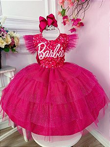 Vestido Princesa Belli Barbie Paete Pink e Dourado - Roupa