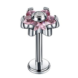 Labret em Titanio Flor com Zircônia - Rosa- Tamanho 8mm
