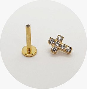 Labret mini cruz  zircônias cravejadas PVD GOLD
