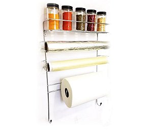 Conjunto Porta Papel Toalha 6 em 1 Cromado com 5 Potes para Tempero Vidro Tampa Black