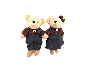 Jogo Mini Urso Casal Bege e Jeans 15cm Enfeite Natal 2 Unidades - Magizi