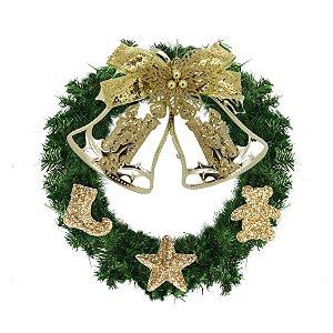 Guirlanda Decorada Sinos Festão Verde 60cm Enfeite Dourado - Magizi