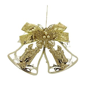 Sino Duplo Vazado Gigante Laço Glitter Dourado 32x40cm - Magizi