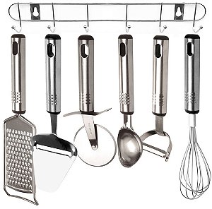 Conjunto Utensílios Cozinha Aço Inox Premium e Suporte Parede 7 Peças - Mimo Style