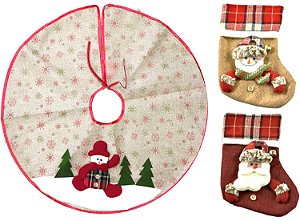 Kit Saia para Árvore 60cm e Bota Rústica Boneco de Neve e Papai Noel 17cm 3 Peças