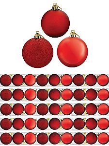 Kit 45 Bolas De Natal Mista Gliter, Fosca e Brilho Vermelha 6cm - Rio Master