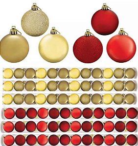 Kit 72 Bolas De Natal Decoradas Mista Gliter, Fosco e Brilho Dourado E Vermelho 6cm