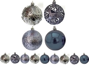 Jogo 9 Bolas De Natal Textura Arabescos Rena Cinza Azulado 8cm - Master Christmas