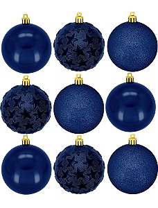 Jogo 9 Bolas De Natal Mix Estrela Print Azul Premium 6cm - Magizi