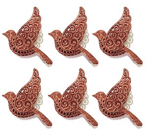 Kit Pássaro Natal Glitter Rosê Pendente 11cm 6 Unidades - Master Christmas