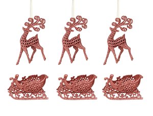 Kit Rena e Trenó Natal Glitter Rosê Pendente 16cm 6 Peças - Master Christmas
