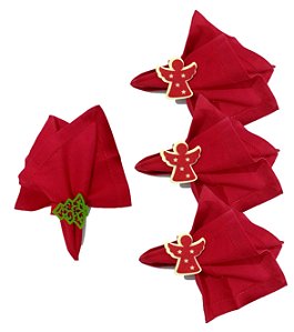 Jogo Guardanapo Vermelho Ponto Ajour e Anel Natal Anjo e Pinheiro 4 Unidades - Mundial Casa