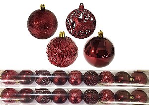Jogo 18 Bolas Natal Mista Textura Arabescos Rena Vinho 8cm - Master Christmas