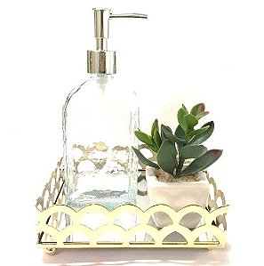 Conjunto Lavabo Dourado Luxo 3 Peças Bandeja Espelhada, Saboneteira e Vaso Suculenta - Mundial