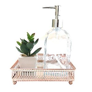 Conjunto Lavabo 3 Peças Bandeja Italiana Espelhada Rosê, Saboneteira e Vaso Suculenta - Mundial