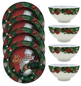 Kit Mesa Posta de Natal 8 Peças Melamina Prato Sobremesa e Tigela - Magizi
