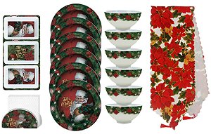 Kit Mesa Posta de Natal 15 Peças Melamina Prato Sobremesa, Tigela, Petisqueira, Porta Guardanapo e Centro de Mesa - Magizi