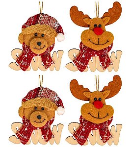 Kit Urso e Rena Snow Xadrez Nevado Enfeite Árvore Natal 10cm 4 Peças - Magizi