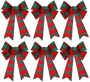 Jogo Laço Decorado Natal Xadrez Verde e Vermelho 13cm 6 Peças - Magizi