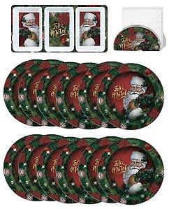 Kit Mesa Posta de Natal 14 Peças Melamina Prato Sobremesa, Petisqueira e Porta Guardanapo - Magizi