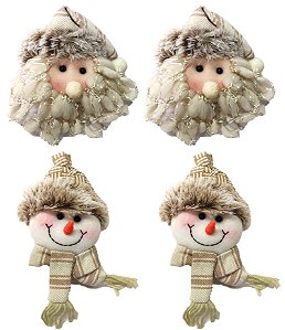 Kit Carinha Papai Noel e Boneco de Neve Pelúcia Rústico 15cm 4 Unidades - Master Christmas