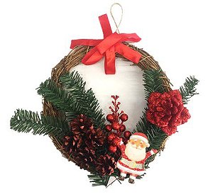 Guirlanda Rústica Fibra Natural Decorada Flor, Pinhas e Papai Noel 23cm - Master Christmas