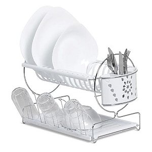 Escorredor e Secador Master Duplo Com Porta Copos e Talheres Cromado e Branco Premium - Niquelart