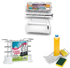 Kit Porta Condimentos Suporte Papel Toalha, Porta Detergente e Porta Talheres Branco Aço Cromado - Niquelart