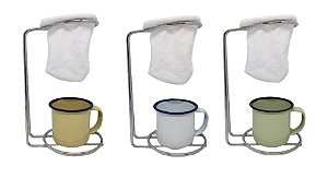 Kit 3 Mini Coador Café Aço Cromado Com Caneca Esmaltada Color 90ml