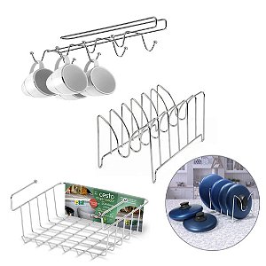 Kit Organizadores Cozinha Porta Xícaras, Porta Tampas e Cesto Aço Cromado - Niquelart
