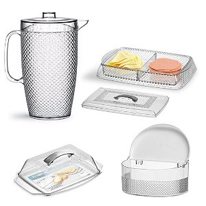 Kit 4 Peças Jarra Suco, Saleiro, Porta Frios e Manteigueira Acrílico Diamante - Niquelart