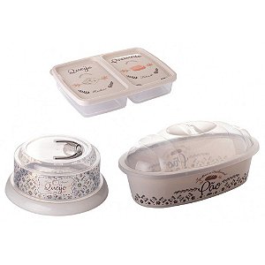 Kit Queijeira, Porta Pão e Porta Frios com Tampa Plasútil