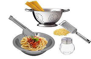 Conjunto para Massas Aço Inox Prime 5 Peças Escorredor Macarrão, Bowl, Pegador, Queijeira e Ralador - Mundial Import
