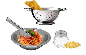 Conjunto para Massas Aço Inox Prime 4 Peças Escorredor Macarrão, Bowl, Pegador e Queijeira - Mundial Import