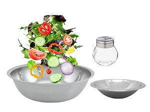 Conjunto para Salada 3 Peças Bowl Inox e Saleiro Vidro Tampa Giratória - Mundial Import