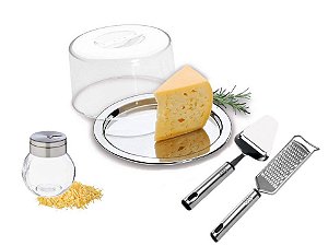 Kit Para Queijo Inox Prime 4 Peças, Queijeira, Porta Queijo Ralado, Plaina e Ralador - Mundial Import