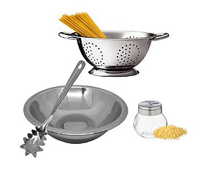 Kit para Massa Aço Inox 4 Peças Escorredor Macarrão, Bowl, Colher e Queijeira - Mundial Import