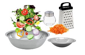 Jogo para Salada 4 Peças Bowl Inox, Saleiro Vidro e Ralador 4 Faces - Mundial Import