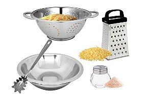 Super Jogo para Massa Aço Inox 5 Peças Escorredor Macarrão, Bowl, Colher, Queijeira e Ralador - Mundial Import