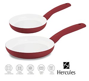 Jogo Frigideira Revestimento Cerâmica Fundo  Soft Touch Vermelha 18 e 24cm - Hercules