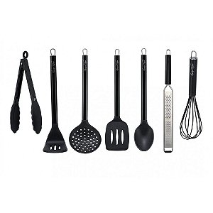 Conjunto Utensílios Cozinha Silicone Black Cabo Inox Premium Henrique Fogaça 7 Peças - Yazi